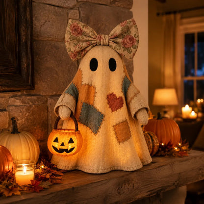 🍂 Vintage Patchwork Light-Up Ghost with Glowing Pumpkin Pail