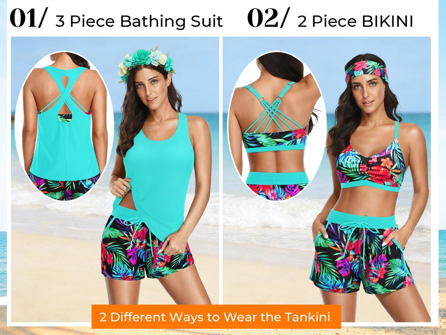 Three Piece Tankini with Shorts with Pockets