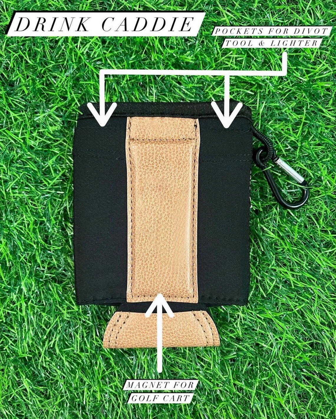 Golf Caddie Drink Holder with Magnetic Attachment All-in-One Golf Koozie with 3 Tees Slots , Ball Marker Slot & Dual Storage Pockets