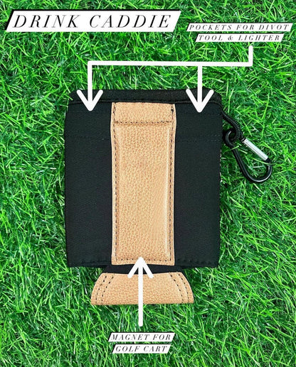 Golf Caddie Drink Holder with Magnetic Attachment All-in-One Golf Koozie with 3 Tees Slots , Ball Marker Slot & Dual Storage Pockets