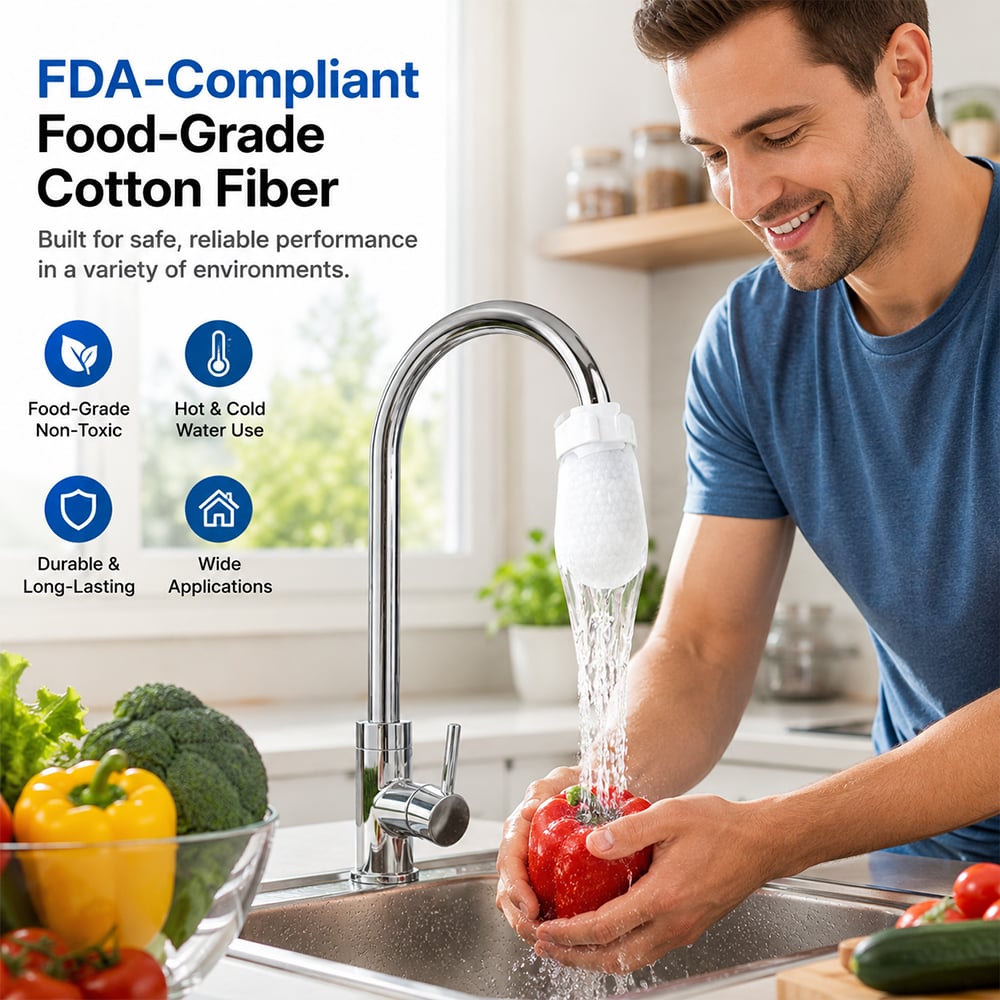 Food-grade cotton fiber faucet filter in kitchen use