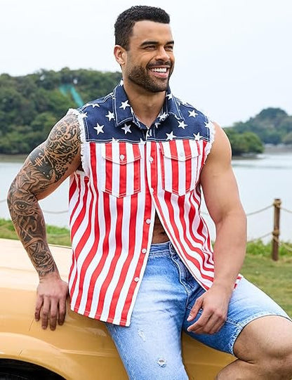 ⚡Hot Sales 49% OFF🔥Men's American Flag Denim Vest - 4th of July Patriotic Casual Sleeveless Jacket