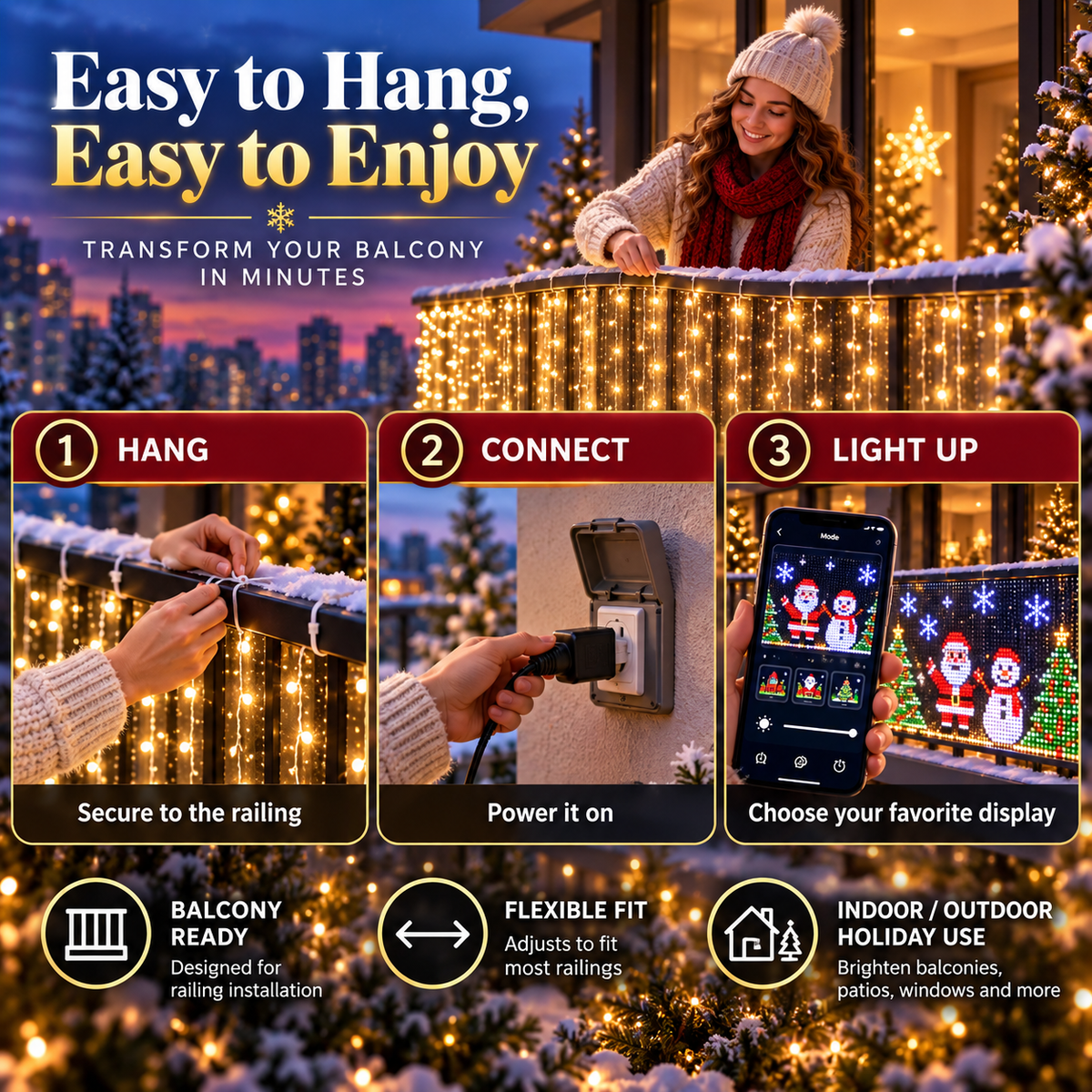 🎄 Smart RGB Pixel Balcony Lights – App-Controlled Animated Holiday Display for Balcony & Window Decor-2m*2m