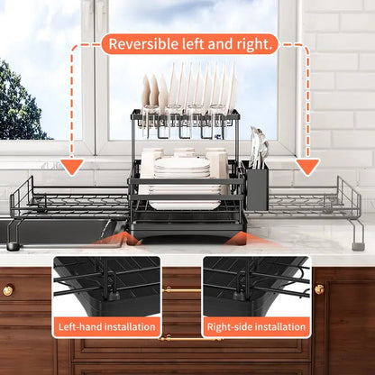 Foldable Over Sink Dish Drying Rack|Pull-Out 2-Tier Dish Drainer with Utensil Holder