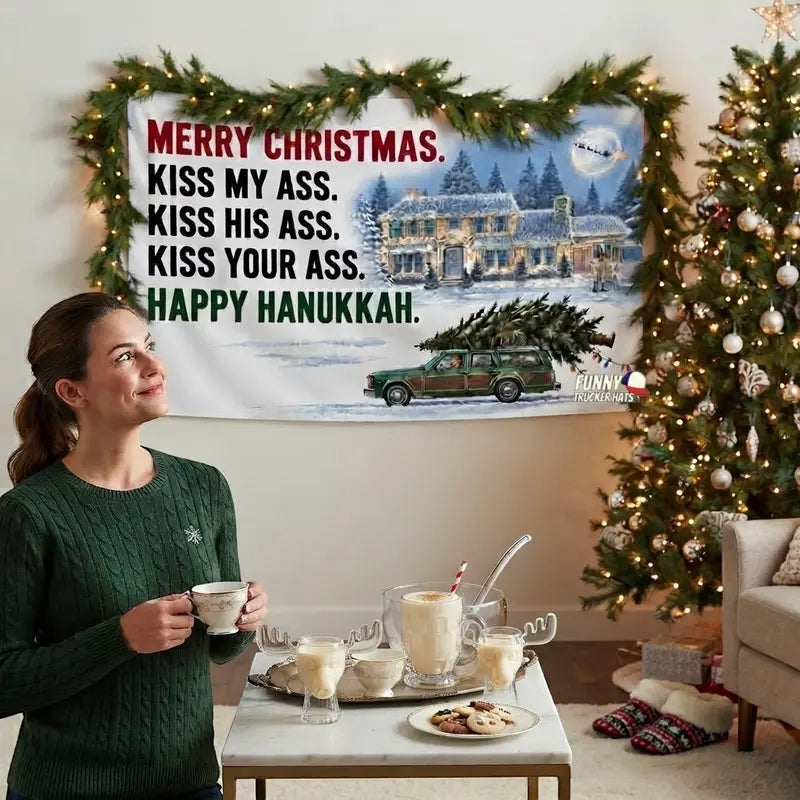 Funny Christmas Flag 3x5 FT – Merry Christmas Happy Hanukkah Holiday Quote Banner, Single-Sided with Metal Grommets, Snowy House RV Station Wagon Design, Xmas Porch Yard Garage Wall Decor, Holiday Party Decoration, Funny Gift for Adults, Winter Decor