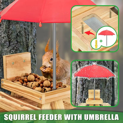 🐿️Cute Carbonized Wood Squirrel Feeder with Umbrella – Fun Picnic Table Design☂️