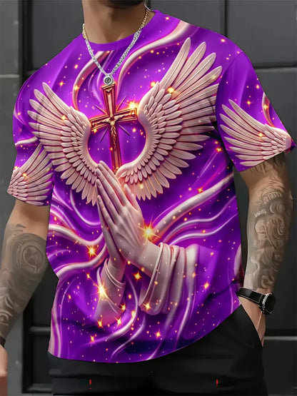 🙏✝️ Men's Religious Angel Wings Cross 3D T-Shirt | Faith-Inspired Short Sleeve Summer Tee