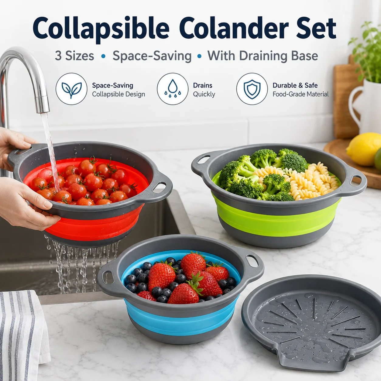 Collapsible Colander Set of 3 – Space-Saving Strainers with Draining Base | Small Medium Large