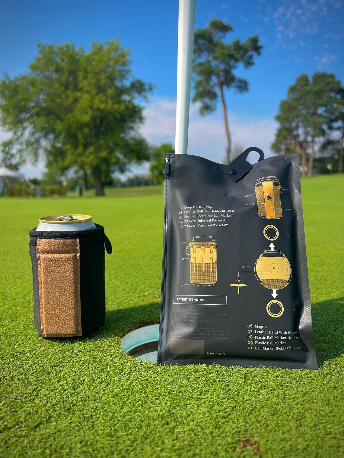 Golf Caddie Drink Holder with Magnetic Attachment All-in-One Golf Koozie with 3 Tees Slots , Ball Marker Slot & Dual Storage Pockets
