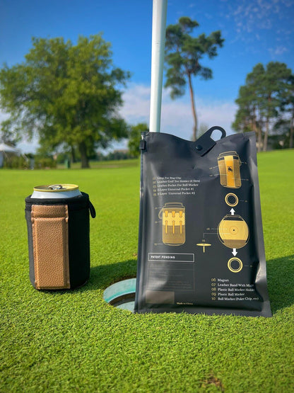 Golf Caddie Drink Holder with Magnetic Attachment All-in-One Golf Koozie with 3 Tees Slots , Ball Marker Slot & Dual Storage Pockets
