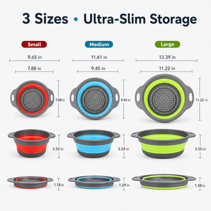 Collapsible Colander Set of 3 – Space-Saving Strainers with Draining Base | Small Medium Large