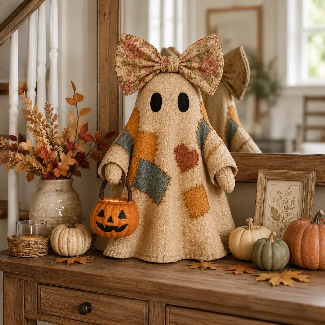 🍂 Vintage Patchwork Light-Up Ghost with Glowing Pumpkin Pail
