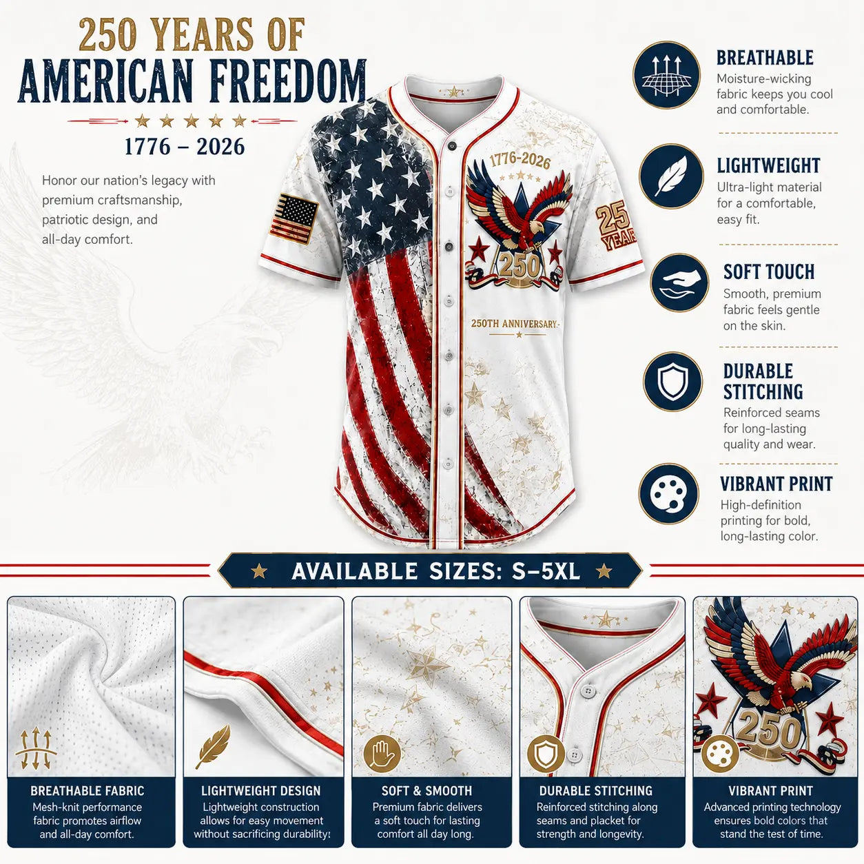 🇺🇸USA 250 Years Of Freedom Baseball Jersey-Patriotic Eagle 1776-2026 Independence Day