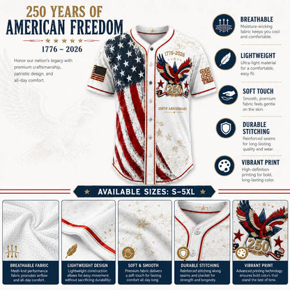 🇺🇸USA 250 Years Of Freedom Baseball Jersey-Patriotic Eagle 1776-2026 Independence Day