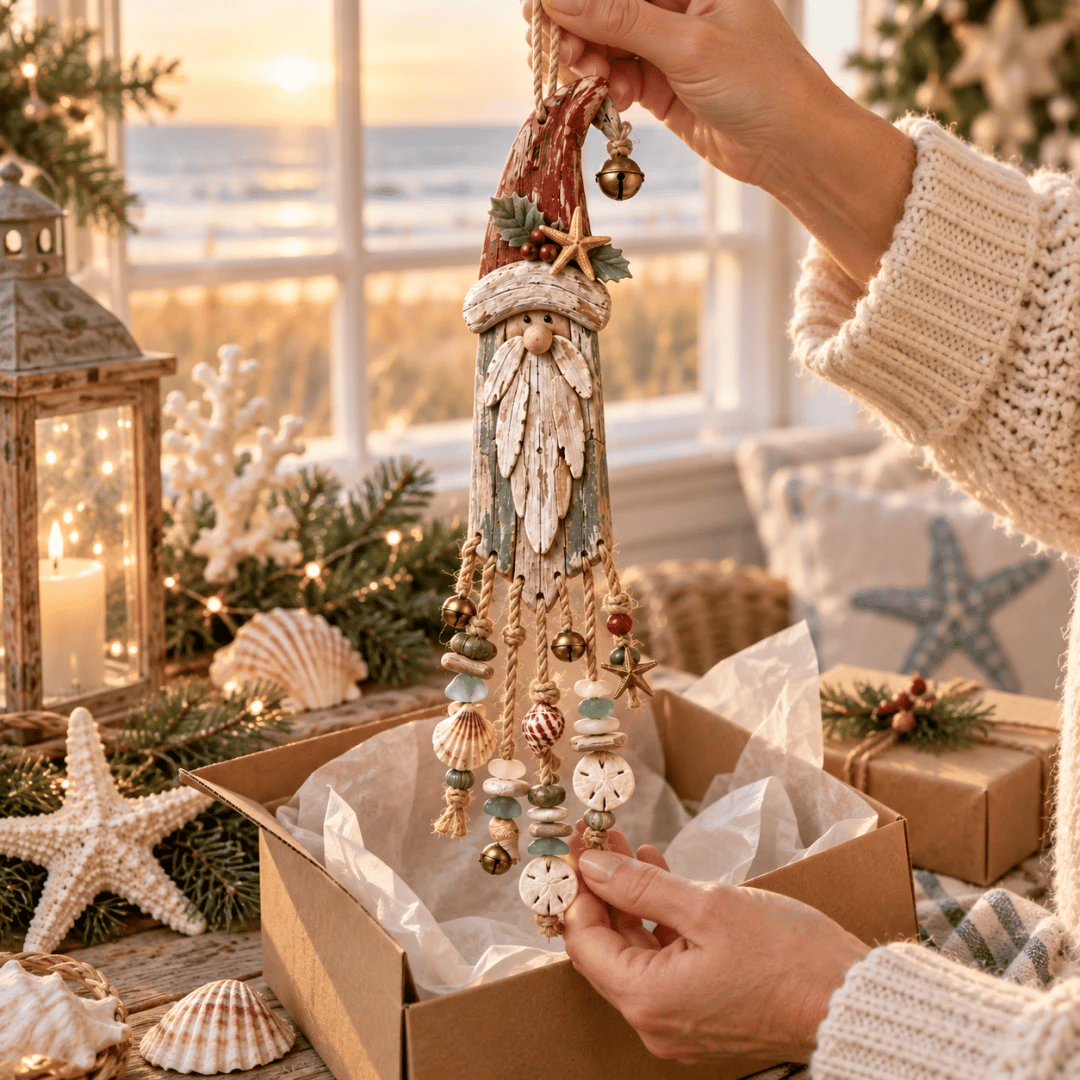 Vintage Coastal Santa Lighted Wall Decor – Beach House Christmas Hanging with Starfish, Shells & Warm Glow