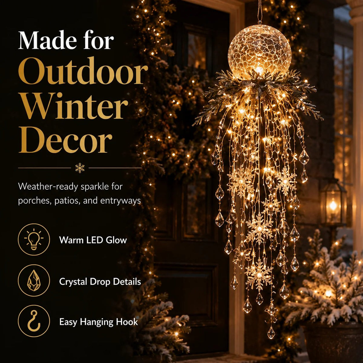Crystal Cascade Christmas Light™ – Hängande LED-dekoration för verandan: snöflingor och kristaller ✨❄️