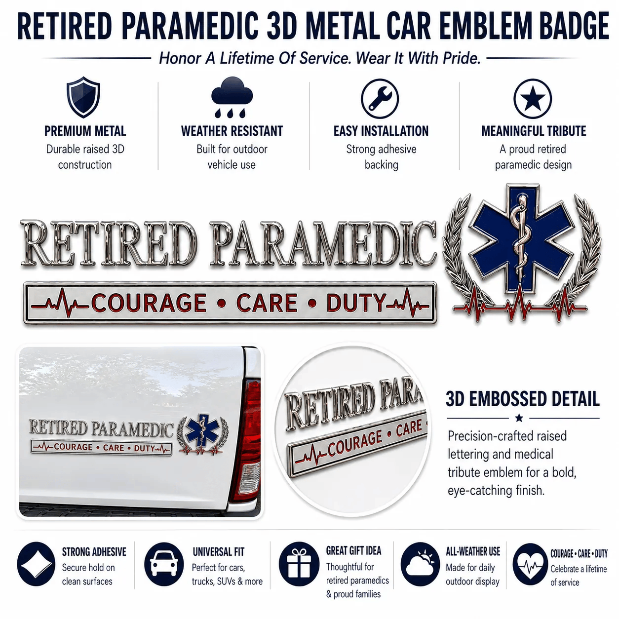 🚑 Retired Paramedic Courage Care Duty Metal Car Emblem Badge