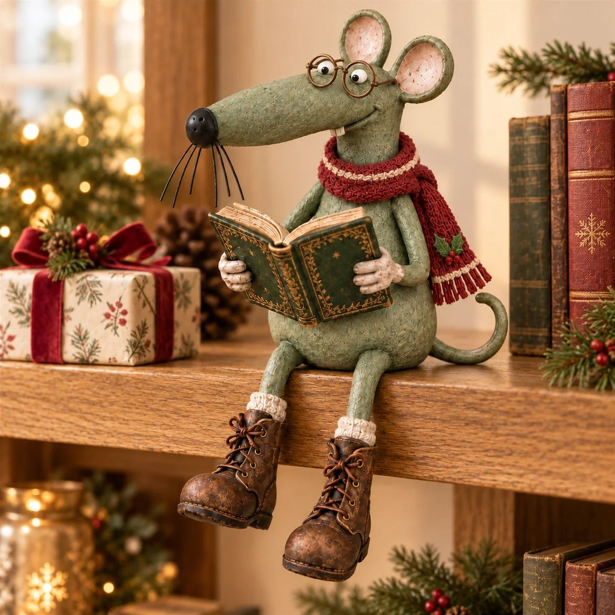 🐭📚 Whimsical Reading Mouse Shelf Sitter – Vintage Book Lover Figurine & Cozy Home Décor