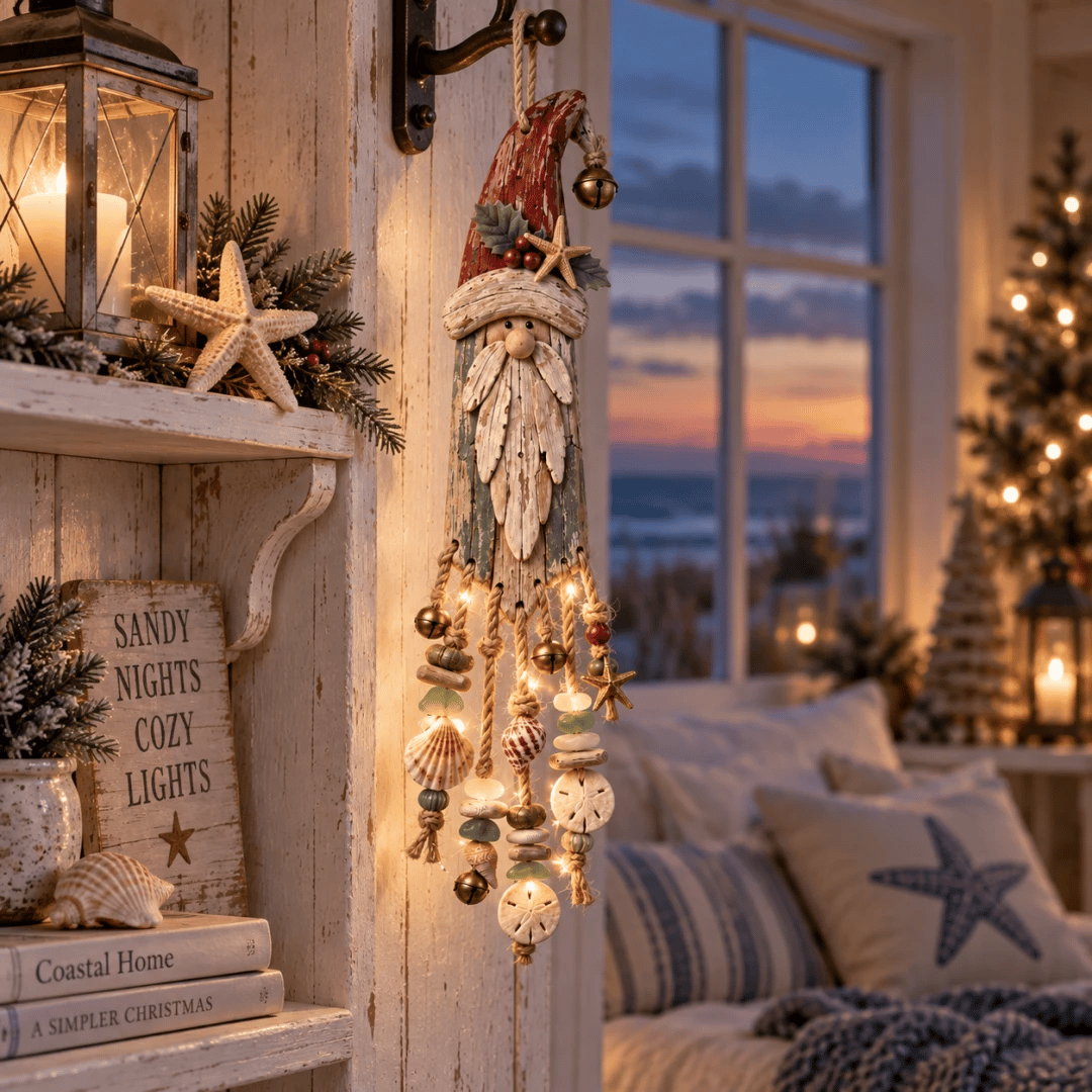 Vintage Coastal Santa Lighted Wall Decor – Beach House Christmas Hanging with Starfish, Shells & Warm Glow