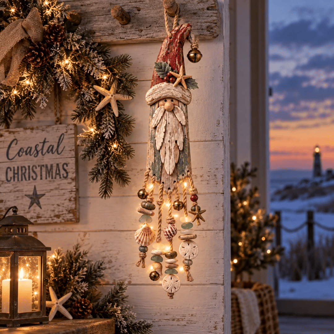Vintage Coastal Santa Lighted Wall Decor – Beach House Christmas Hanging with Starfish, Shells & Warm Glow