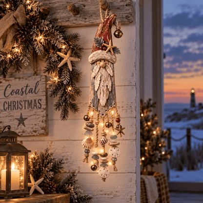 Vintage Coastal Santa Lighted Wall Decor – Beach House Christmas Hanging with Starfish, Shells & Warm Glow