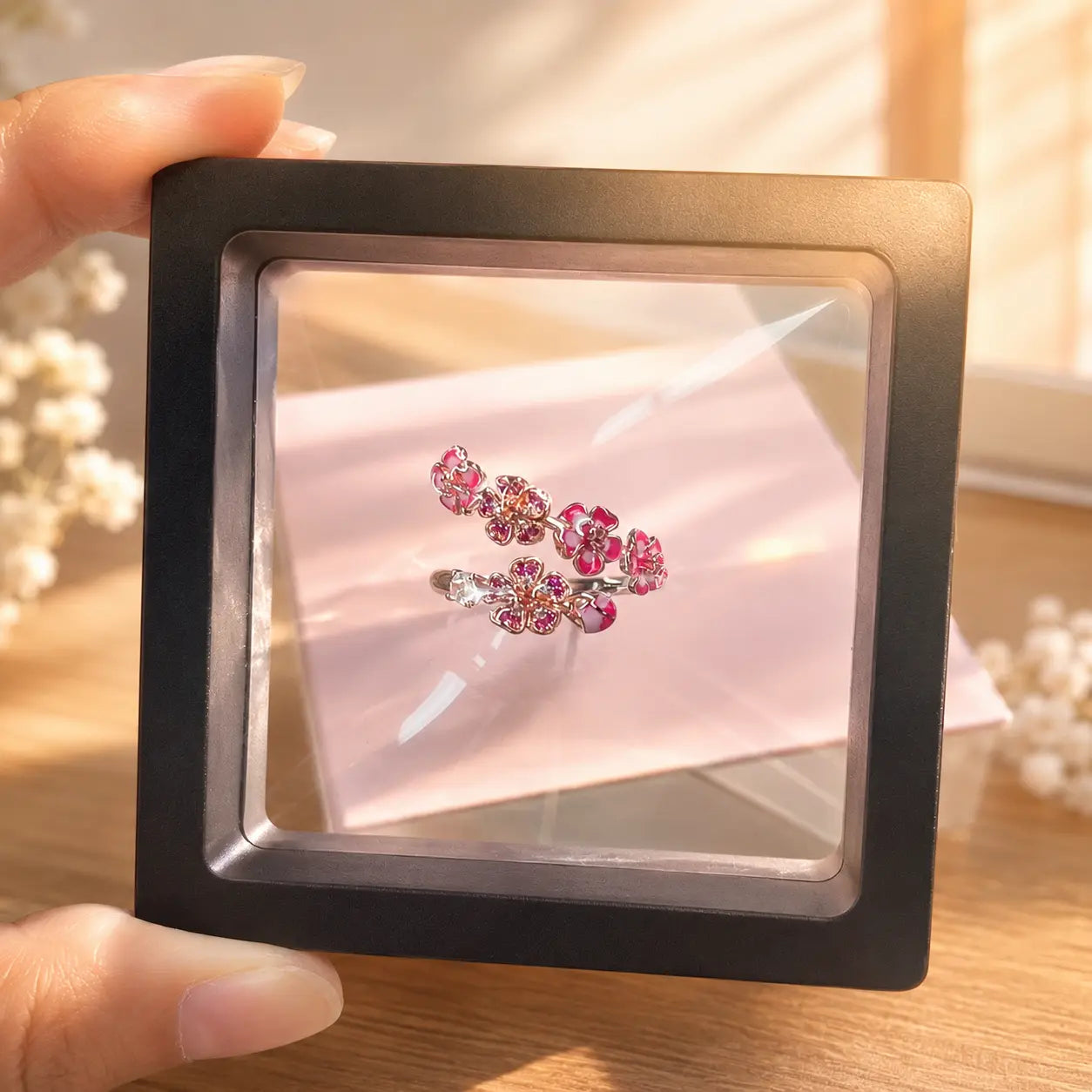 Adjustable Peach Blossom Ring for Women, Pink Floral Open Band Ring, 18K Gold Plated Cubic Zirconia Flower Jewelry Gift for Her