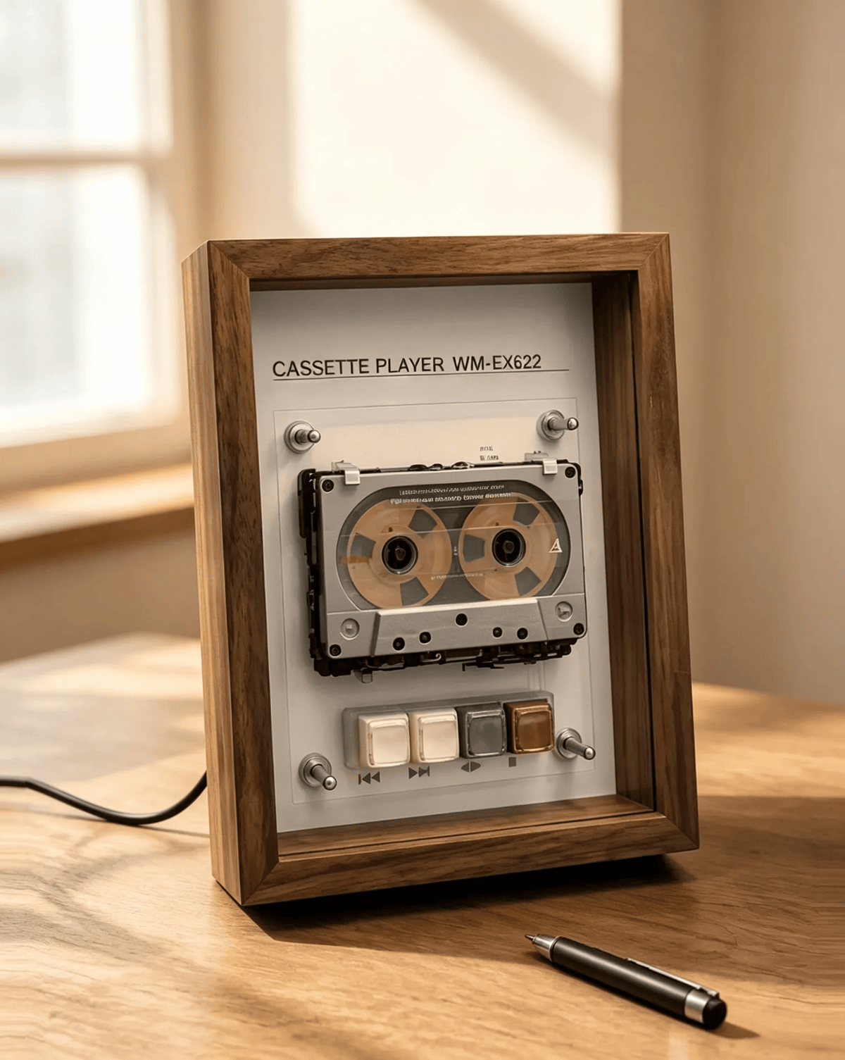 Vintage Cassette Player Frame with Functional Tape Playback & Retro Wall Art Design