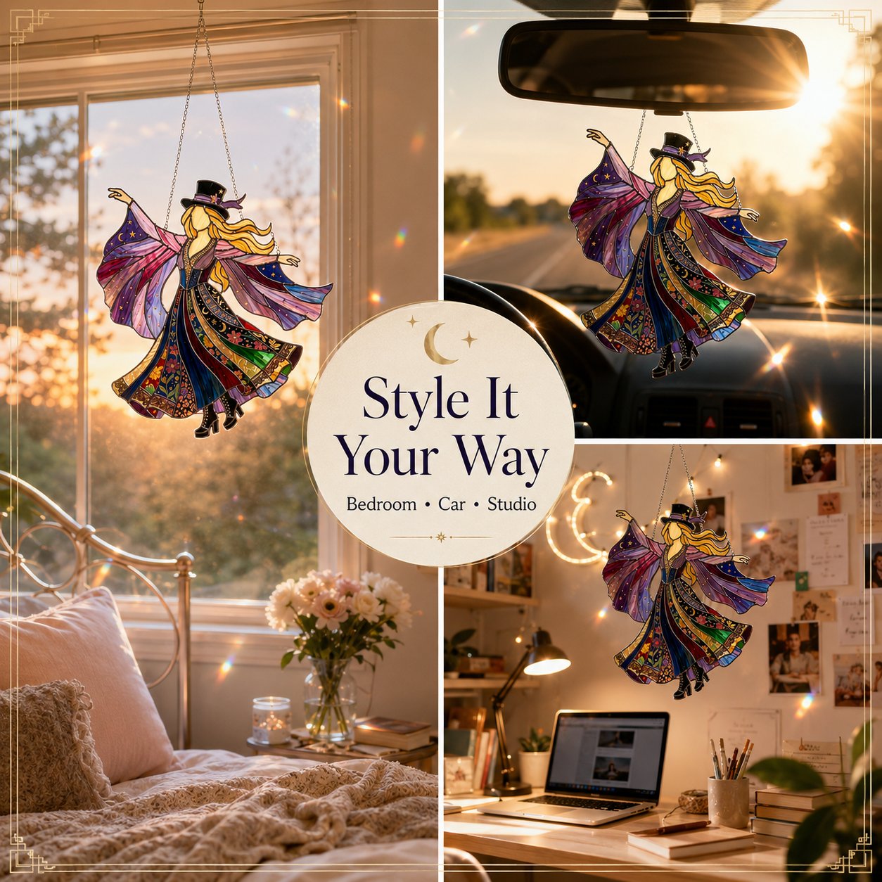 🌙 Witchy Rock Muse Acrylic Suncatcher Ornament – Rainbow Window Charm for Music Lovers