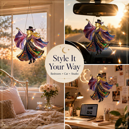 🌙 Witchy Rock Muse Acrylic Suncatcher Ornament – Rainbow Window Charm for Music Lovers
