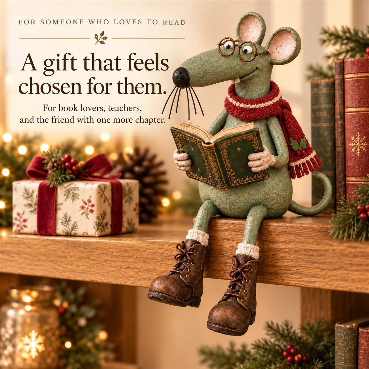 🐭📚 Whimsical Reading Mouse Shelf Sitter – Vintage Book Lover Figurine & Cozy Home Décor