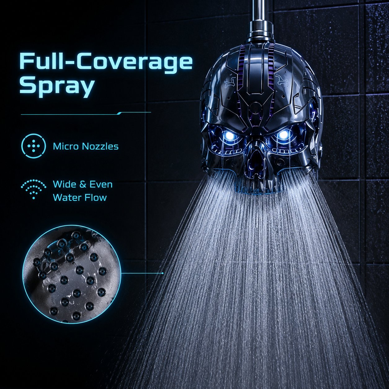 Cyber Mecha Skull Color Changing LED Pressure Boost Shower Head
