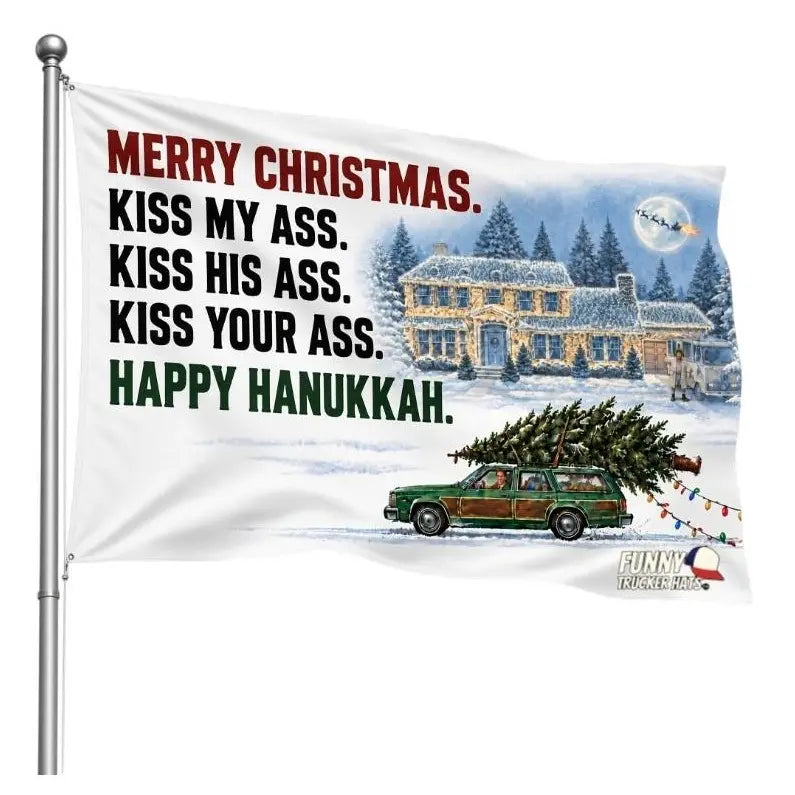 Funny Christmas Flag 3x5 FT – Merry Christmas Happy Hanukkah Holiday Quote Banner, Single-Sided with Metal Grommets, Snowy House RV Station Wagon Design, Xmas Porch Yard Garage Wall Decor, Holiday Party Decoration, Funny Gift for Adults, Winter Decor
