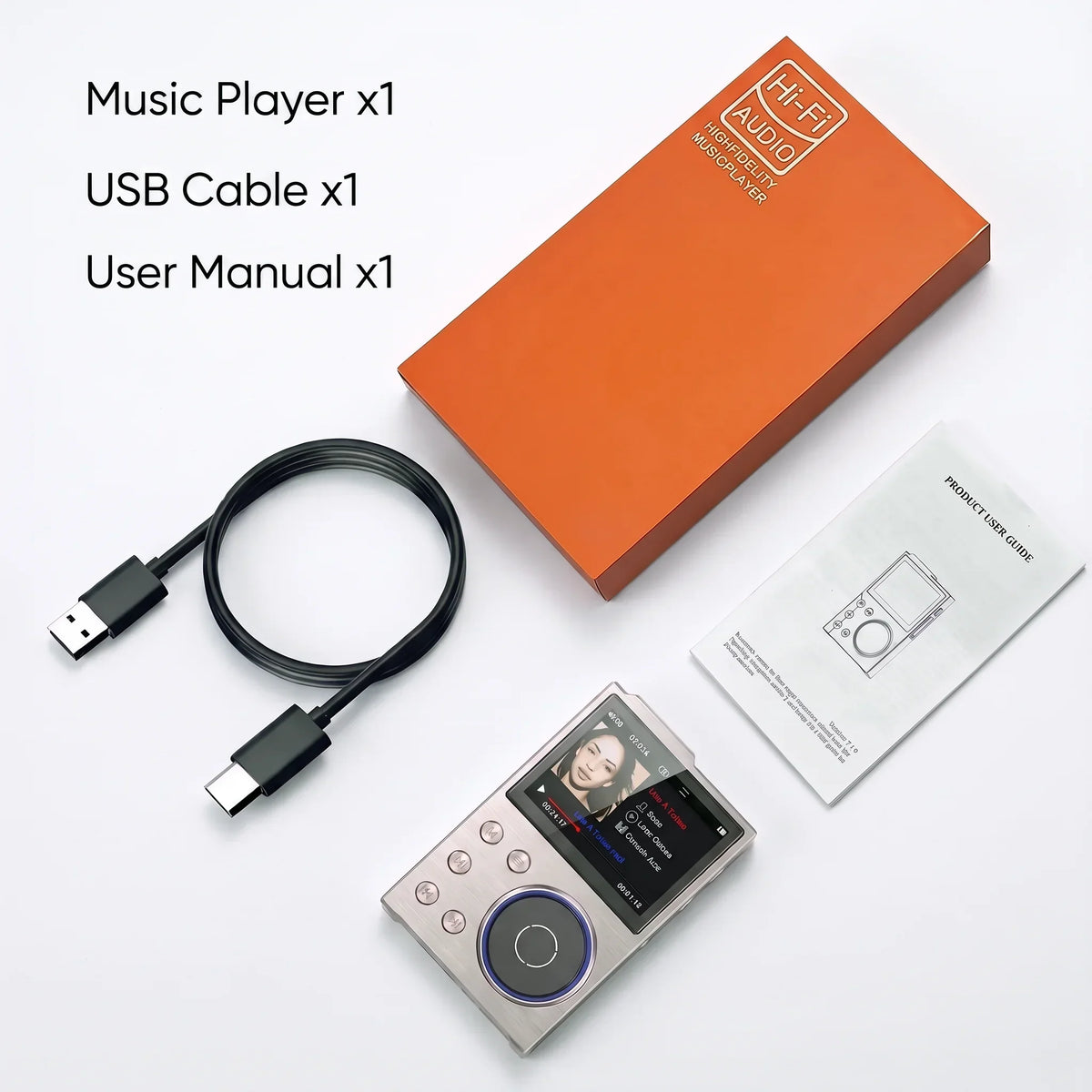 What is in the box: Emp3 Music Player, USB-C cable, user manual