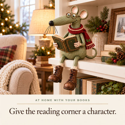 🐭📚 Whimsical Reading Mouse Shelf Sitter – Vintage Book Lover Figurine & Cozy Home Décor