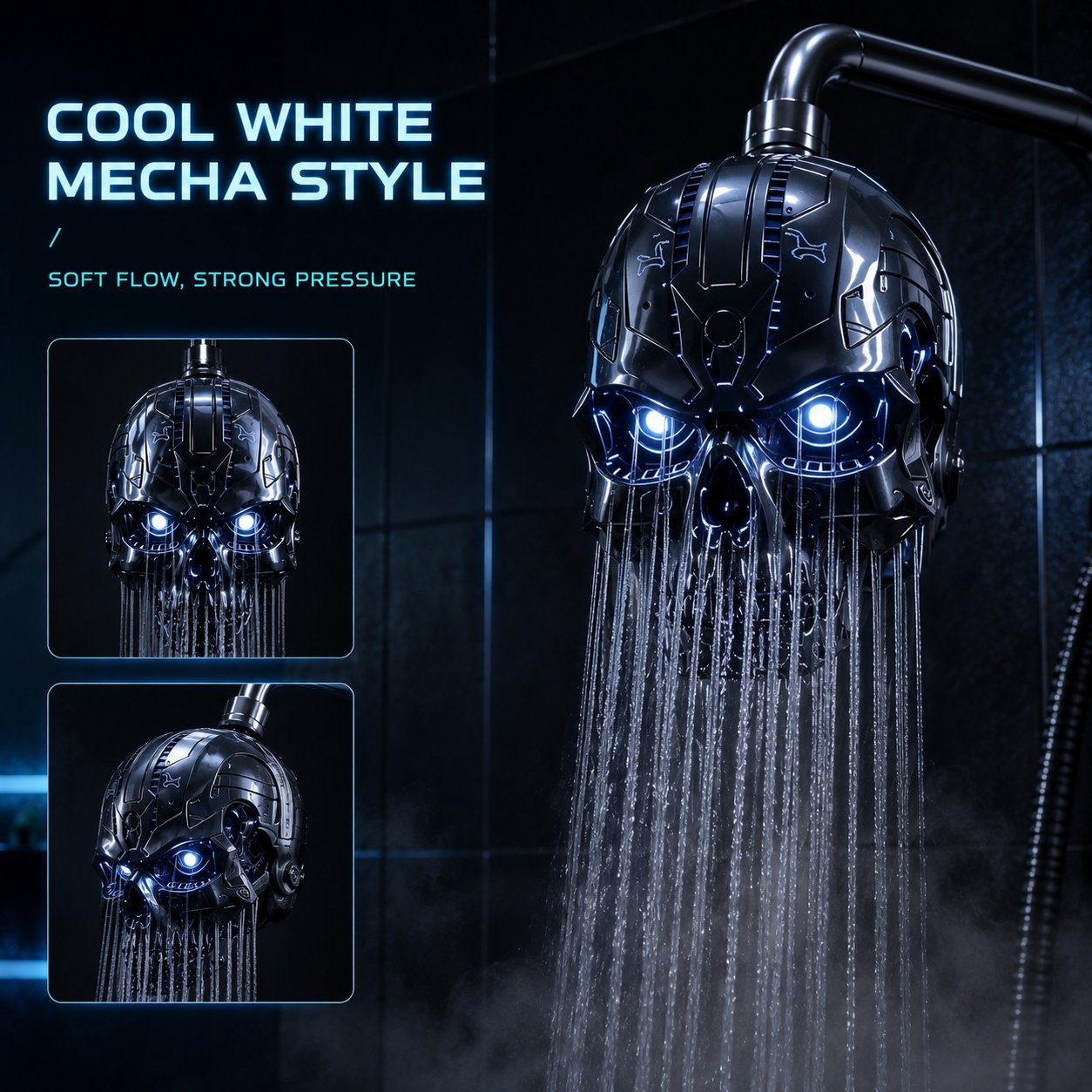 Cyber Mecha Skull Color Changing LED Pressure Boost Shower Head