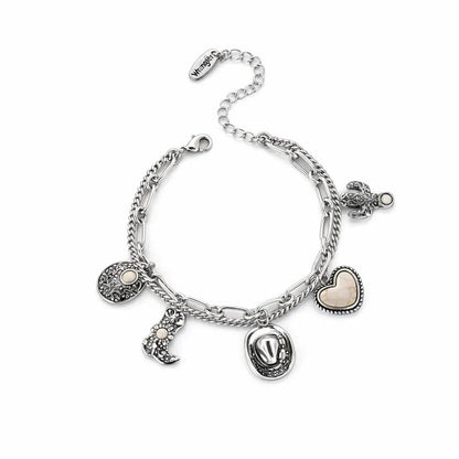 🏇🤠Handmade Western Cowboy Charm Bracelet with Boot Hat Cactus & Heart Charms🌵