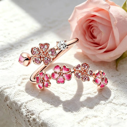 Adjustable Peach Blossom Ring for Women, Pink Floral Open Band Ring, 18K Gold Plated Cubic Zirconia Flower Jewelry Gift for Her