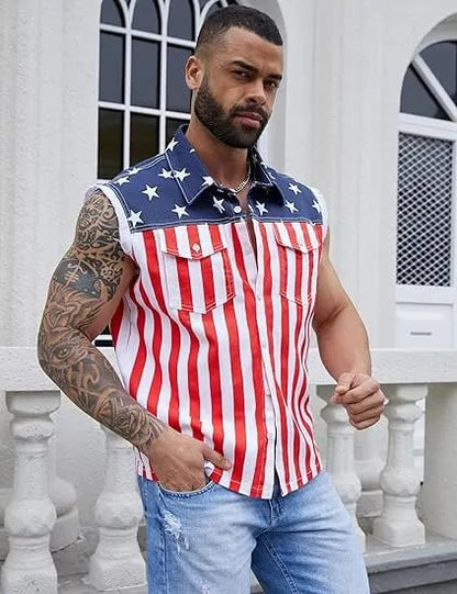 ⚡Hot Sales 49% OFF🔥Men's American Flag Denim Vest - 4th of July Patriotic Casual Sleeveless Jacket