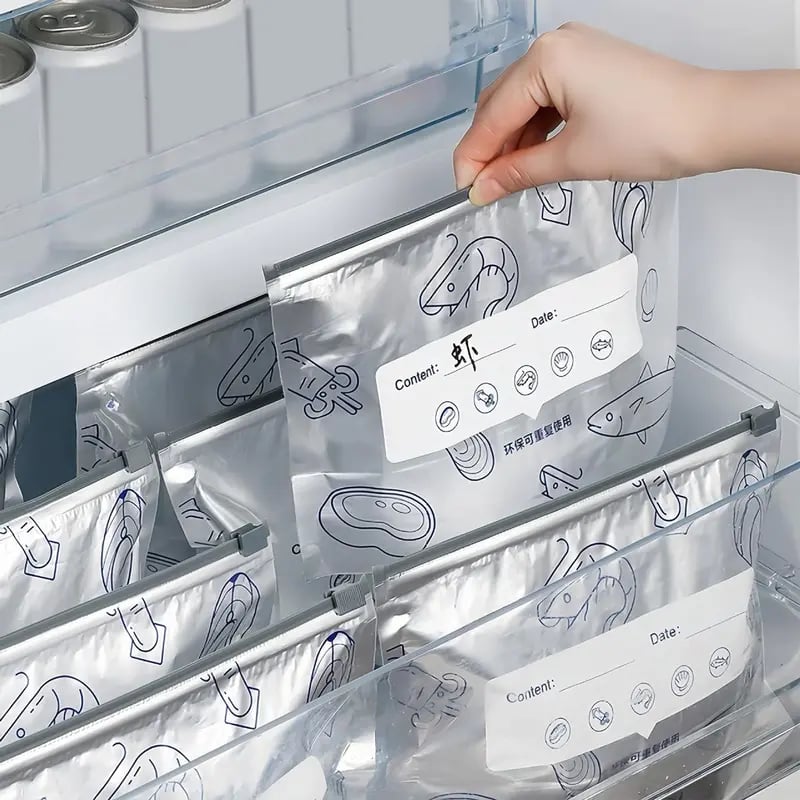 Reusable Aluminum Foil Sealable Storage Bags, 2025 New Resealable Vacuum Zipper Pouches for Food, Stand Up Foil Sealable Bags with Label and Zip Lock for Vegetable Fruit Meat