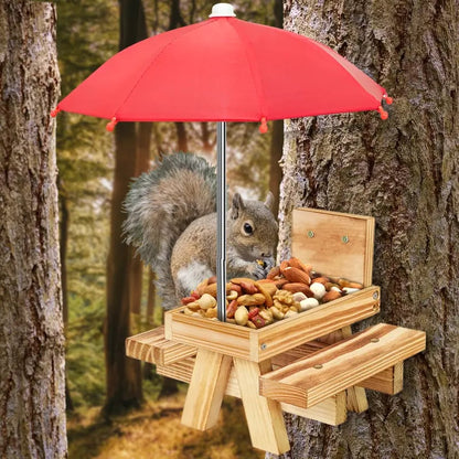 🐿️Cute Carbonized Wood Squirrel Feeder with Umbrella – Fun Picnic Table Design☂️