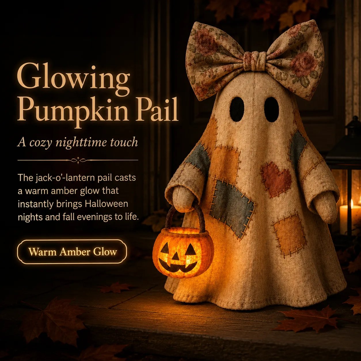 🍂 Vintage Patchwork Light-Up Ghost with Glowing Pumpkin Pail