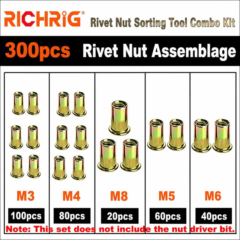 Head Rivet Nut Tool-M3 M4 M5 M6 M8 Rivnut Kit-Carbon Steel Rivnut Set.