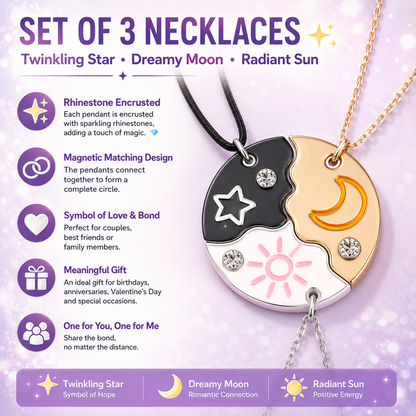 🎁Set of 3 Round Rhinestone Star Moon Sun Friendship Necklaces BFF Best Friends Forever Fantasy Cute Pendant for Unbreakable Friendship