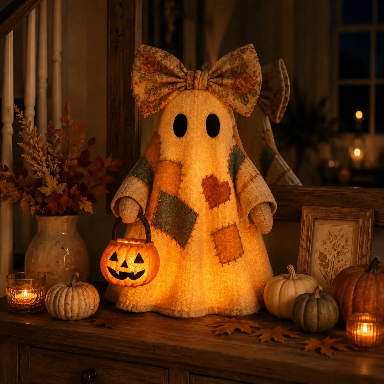 🍂 Vintage Patchwork Light-Up Ghost with Glowing Pumpkin Pail