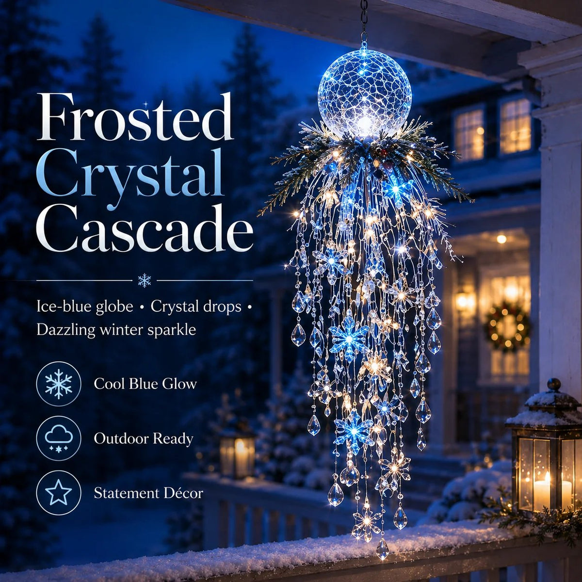 Crystal Cascade Christmas Light™ – Hängande LED-dekoration för verandan: snöflingor och kristaller ✨❄️