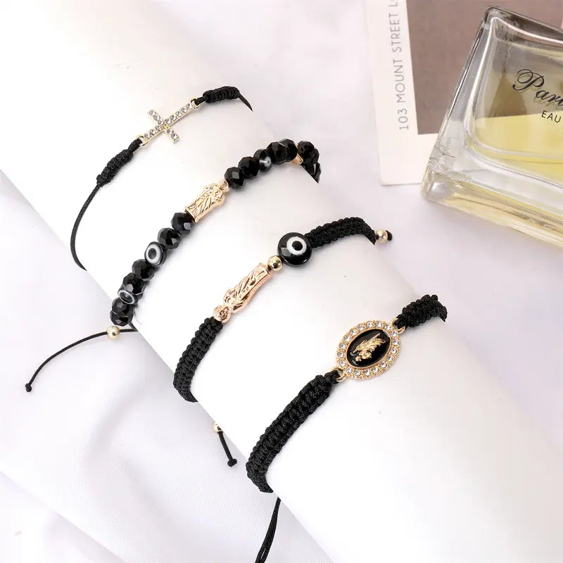 Men's & Women's 4-Piece Braided Strings Charm Bracelets Set with Rhinestones