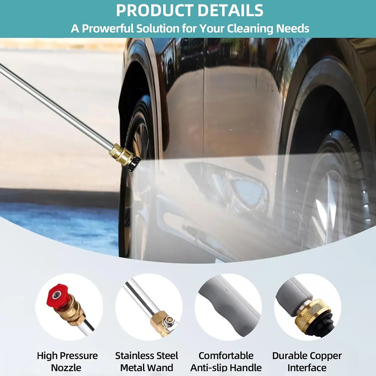 Hydro Jet Power Washer Wand for Garden Hose - Heavy-Duty Metal High-Pressure Sprayer with 2 Nozzle Tips & Leak-Proof Quick Connectors