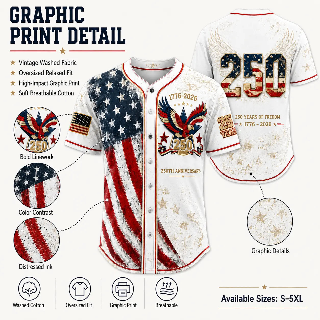 🇺🇸USA 250 Years Of Freedom Baseball Jersey-Patriotic Eagle 1776-2026 Independence Day