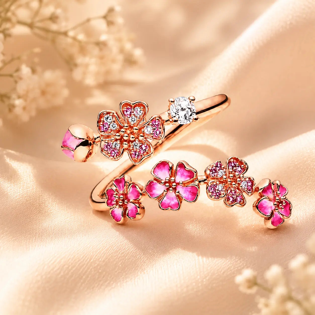 Adjustable Peach Blossom Ring for Women, Pink Floral Open Band Ring, 18K Gold Plated Cubic Zirconia Flower Jewelry Gift for Her