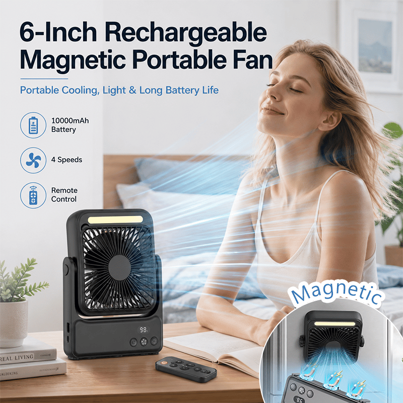 Rechargeable Magnetic Portable Fan With Light & Remote Control